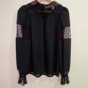 Vintage Anne Klein for New Aspects Polka Dot Lace Detail Collared Blouse - Black